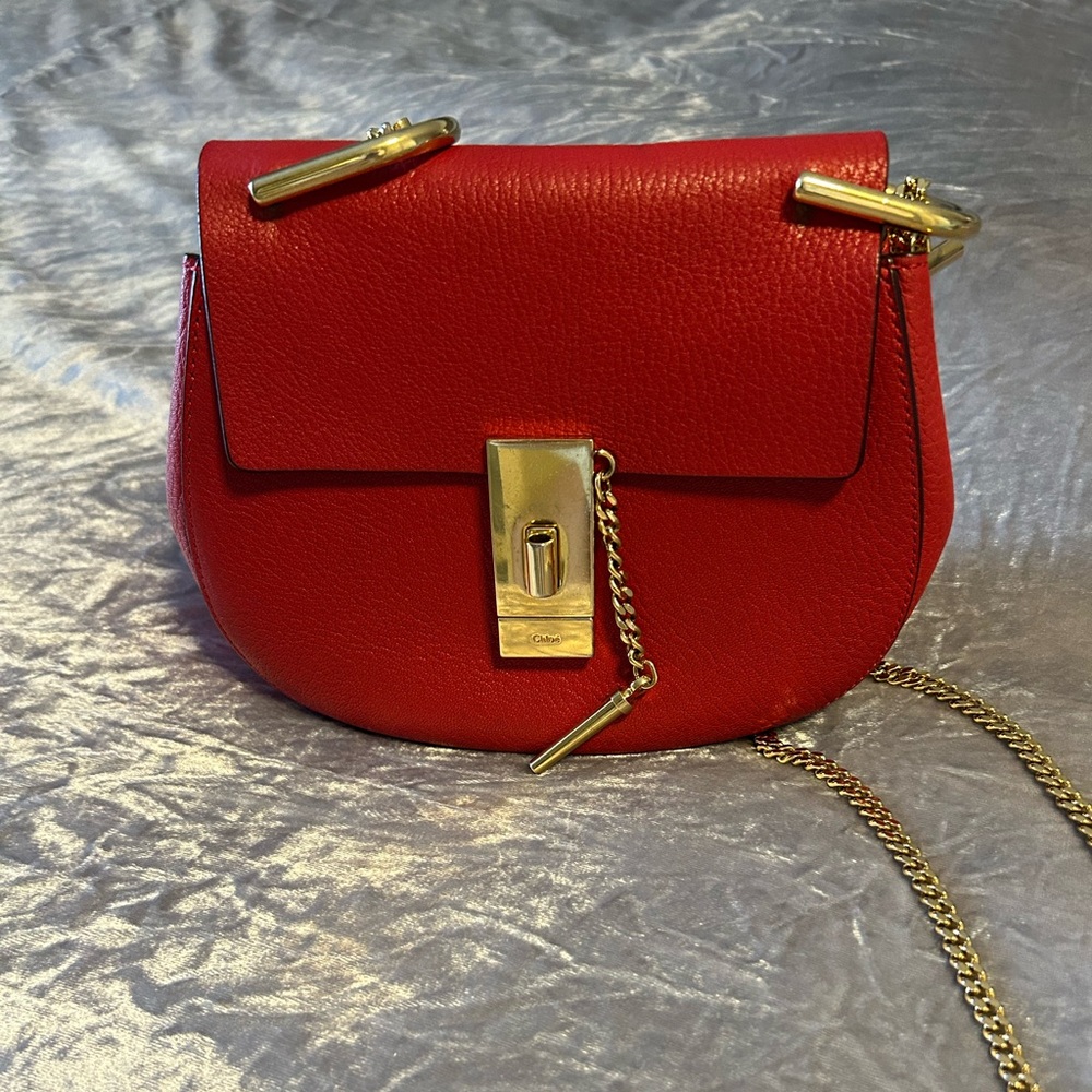 Chloe Red Leather Small Crossbody Saddle Bag with Gold Hardware - Picture 2 of 10